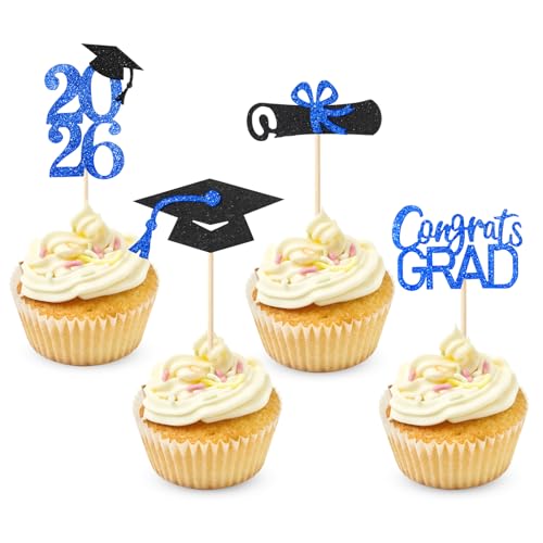 Class of 2026 Graduation Cupcake Toppers Blue Glitter 24 Pack