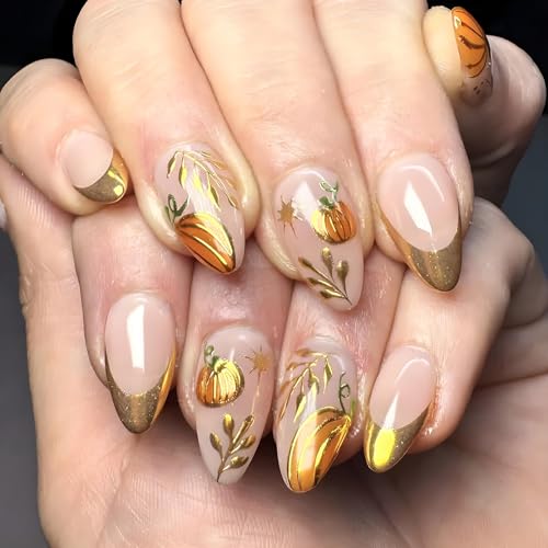 Halloween Press on Nails Medium Almond 3D Fake Nails Fall Acrylic Set