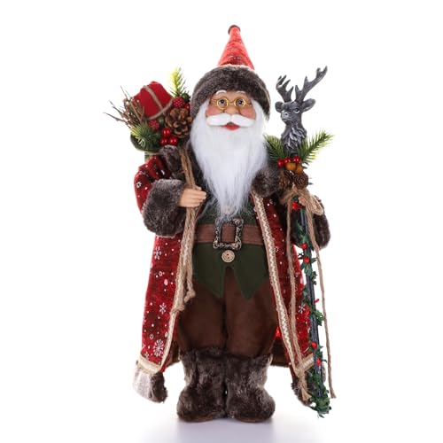 18-Inch Santa Claus Figurine with Deer-Head Cane and Sack for Christmas Home Decor
