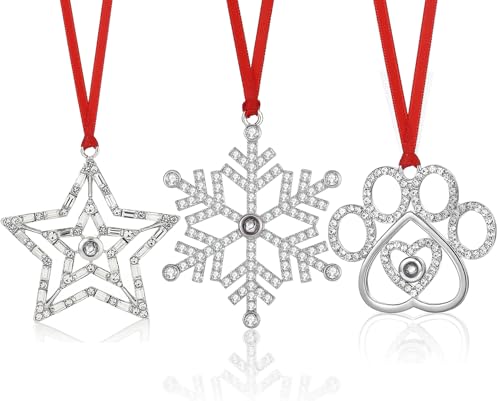 Set of 3 Silver Metal Christmas Tree Ornaments with Red Ribbon
