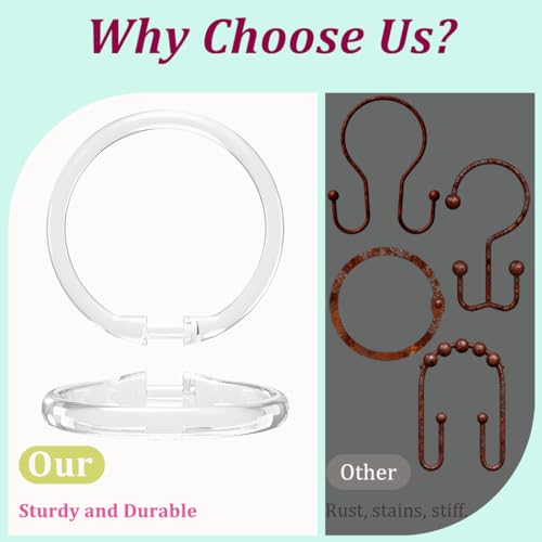 Kutesna Clear Shower Curtain Rings - 12 Pack with Snap-Close Design