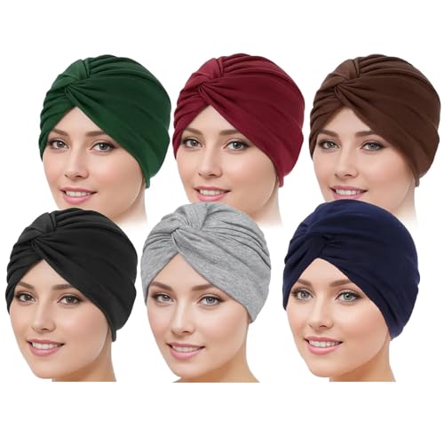 6 Pieces Solid Cotton Women Chemo Hat Stretchy Turban Beanie,Head Wraps Hats Cancer Headwear Beanie Head Covering for Women
