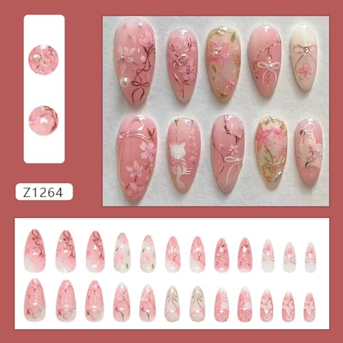 Pink Flower Press on Nails Medium Almond Fake Nails with Bow and Pearls