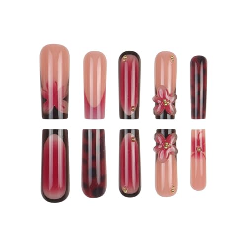 3D Floral Press on Nails Long Square Black French Tip False Nails