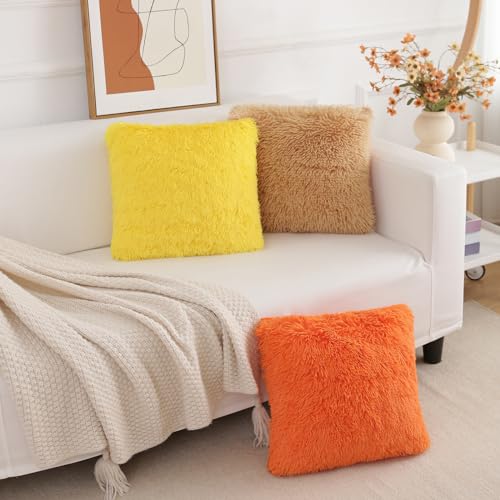 Yellow Faux Fur Throw Pillow Covers Set of 2 - 18x18 Inch