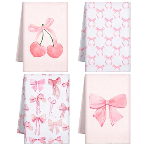 Macarrie 4-Piece Pink Bow Kitchen Towels Set - Soft & Absorbent