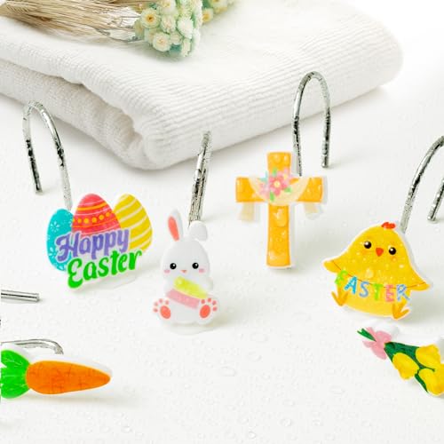 MALLMALL6 12Pcs Easter Shower Curtain Hooks - Bunny & Egg Designs
