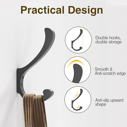 Heavy Duty Black Coat Hooks Wall Mount - 4 Pack, 35 LB Capacity