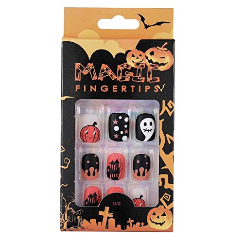 Acenail Matte Orange & Black Skull Press on Nails Halloween Acrylic False Nails 24Pcs