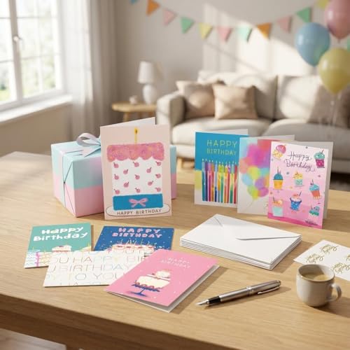 12 Colorful Happy Birthday Cards with Envelopes & Stickers