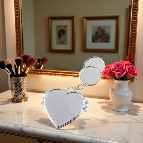 Silver Metal Heart Compact Pocket Mirror with Keychain Travel Makeup Mirror