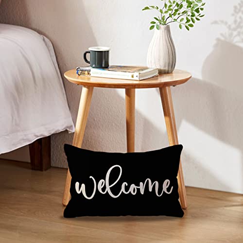 Welcome Decorative Lumbar Pillow Cover - 12x20 Inch Black Farmhouse Style