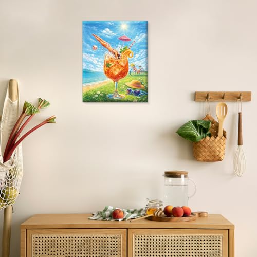 Summer Coastal Cocktail Wall Art Canvas - Woman Diving Into Cocktail - Framed 8x10 Inch - Cute-9