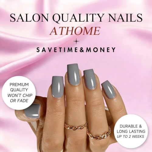JOYVVEW Deep Gray Press On Nails Medium Square Glossy Fake Nails Set