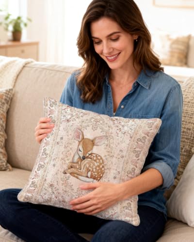 Sleeping Fawn Pillow Cover 18x18, Pink Woodland Floral Nursery Decor
