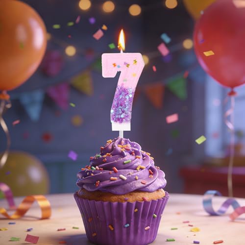 Goktvai Number 7 Birthday Candle Pink and Purple Glitter Cake Topper