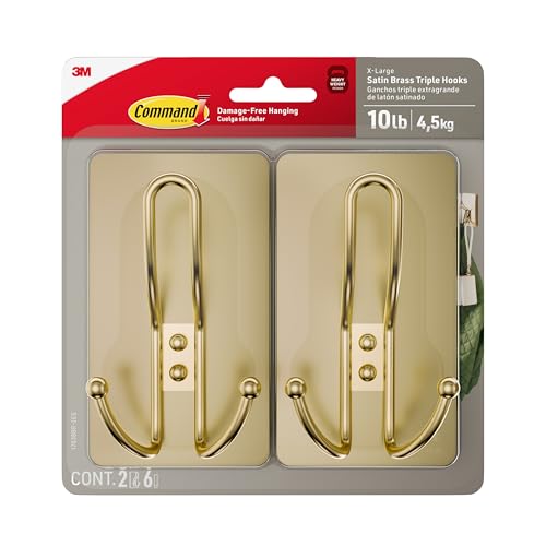 Command 2-Pack X-Large Brass Triple Hooks with 6 Adhesive Strips - Damage-Free Wall Mounts