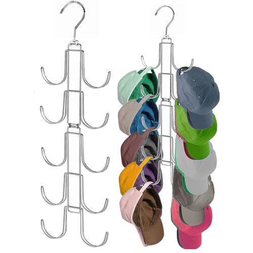 Collapsible Baseball Hat Organizer with 10 Rotatable Hooks - Holds 40 Caps