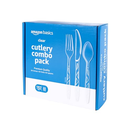 Amazon Basics Clear Plastic Cutlery Set - 192 Count, Durable Disposable Forks, Spoons & Knives