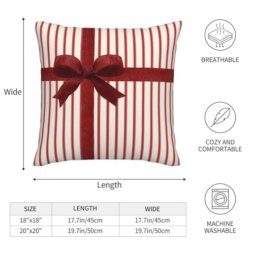 Red Bow Throw Pillow Covers 18x18 Inch Set of 2 - Holiday Ribbon Design, Xmas Decorative Cushion Cases