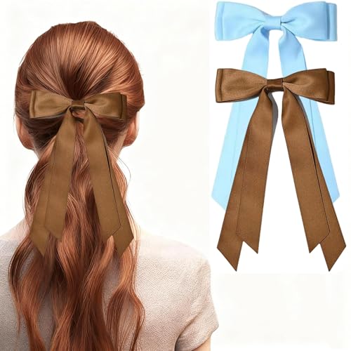 Satin Hair Bows Clips for Women and Girls, Blue and Brown Hair Ribbons, 2PCS