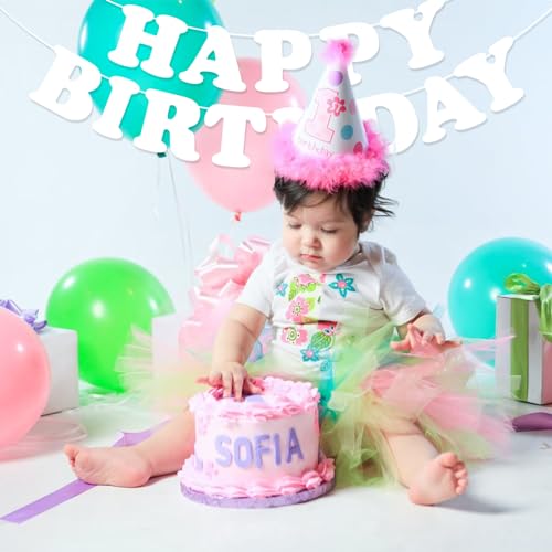 Happy Birthday Banner Garland for Kids - White Party Decoration