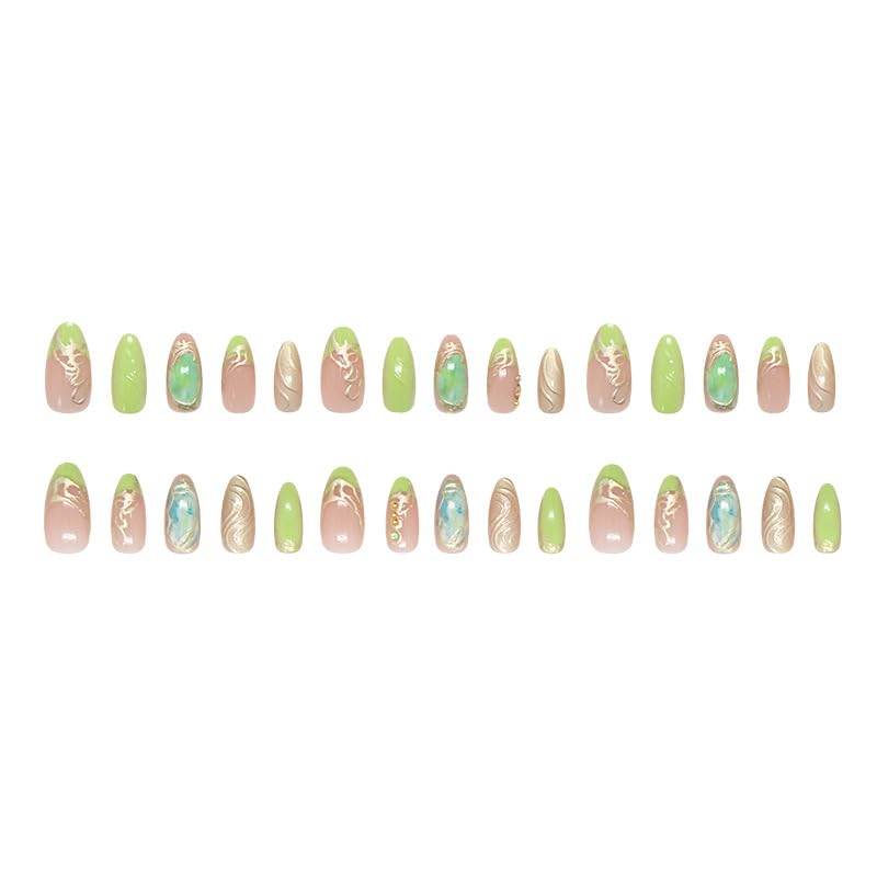 Light Green Press on Nails Medium Almond 3D Gilding Acrylic False Nails
