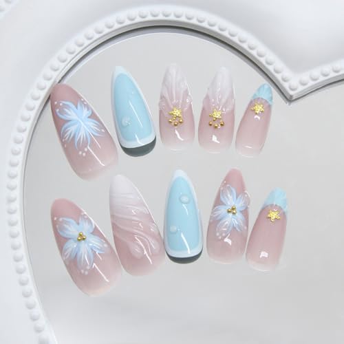 Blue 3D Starfish & Pearl Flower Almond Press on Nails (24 Pcs)
