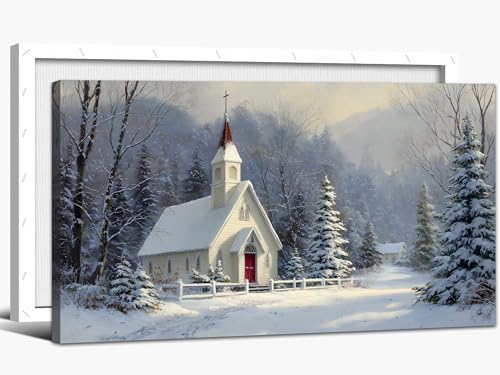Winter Scene Canvas Wall Art - Snowy Landscape Rustic Church Christmas Decor - 24x32 Inches