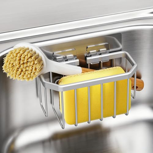 Aluminum Sponge Holder Sink Organizer with Suction Cups - Silver
