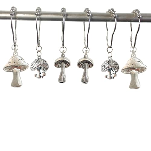 Mushroom Shower Curtain Hooks - 12Pcs Rustproof Silver Metal Rings
