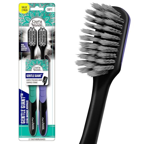 GuruNanda Charcoal Toothbrush, Soft Flossing Bristles, 2 Count