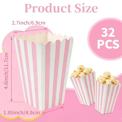 32 Pack Pink Popcorn Boxes - Mini Striped Buckets for Parties