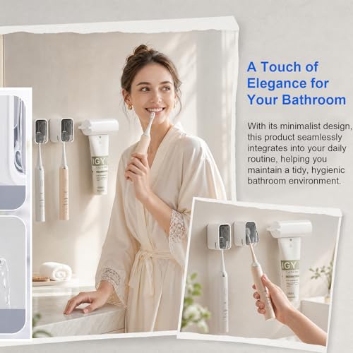 Grey and White Wall-Mounted Toothbrush Holder with Toothpaste Squeezer & Cover - Self-Adhesive Bathroom Organizer, 2 Slots, Family Use
