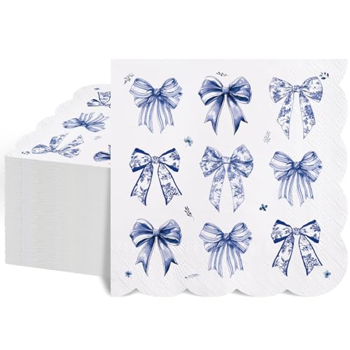 100 Pack Blue Bow Cocktail Napkins - 5" Scalloped Disposable Paper