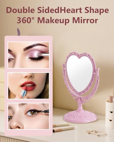 Pink Heart Shaped Double-Sided Rotatable Vanity Mirror for Desk - Cute Coquette Decor