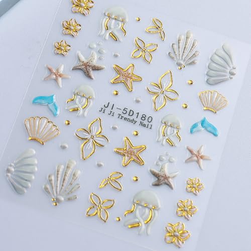 5D Embossed Summer Nail Art Stickers Gold Shell Starfish Beach Decals