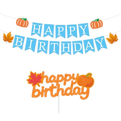 ANFEST Pre-Strung Blue Birthday Banner with Autumn Leaves and Pumpkins