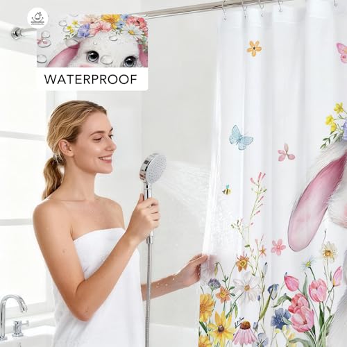 Mocsicka Easter Shower Curtain 71x71 Inch Bunny Eggs Bathroom Decor with 12 Hooks