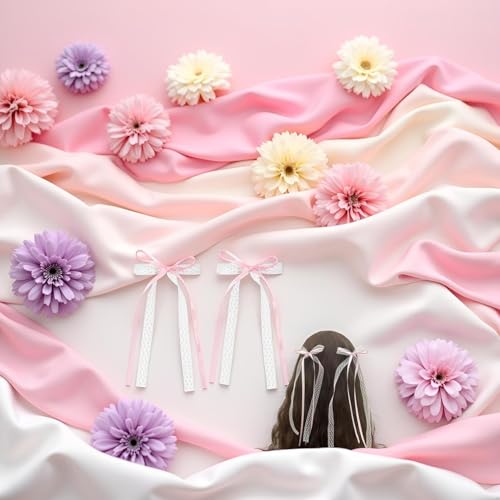 Pink Lace Bow Hair Clips with Pearls, Cute Coquette Hair Barrettes - 2Pcs