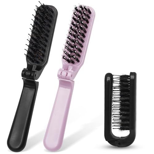 Qjaiune 2-Pack Foldable Boar Bristle Hair Brush - Compact Anti-Static Travel Hairbrush for Purse and Gym