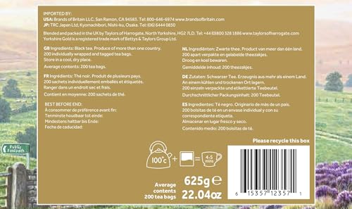 Yorkshire Gold Black Tea Bags - 200 Count (Individually Wrapped)