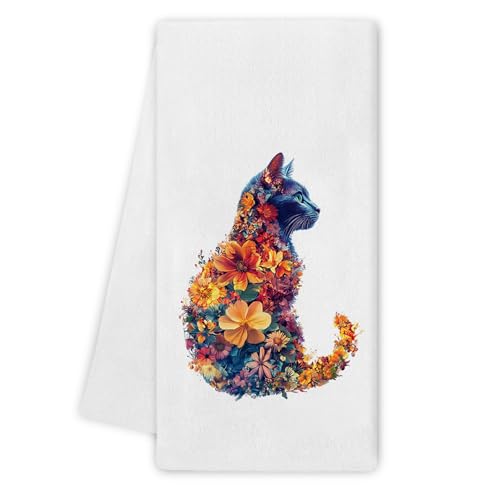 Cat Floral Kitchen Towels - 16x24 Inch Decorative Hand Towels