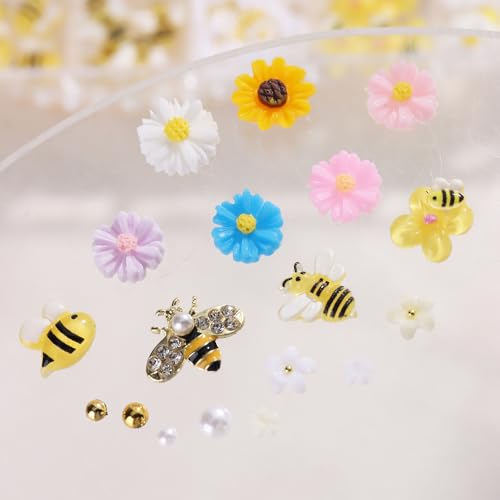 Quezadyl 12 Grids 3D Bee & Sunflower Nail Art Charms with Resin Rhinestones