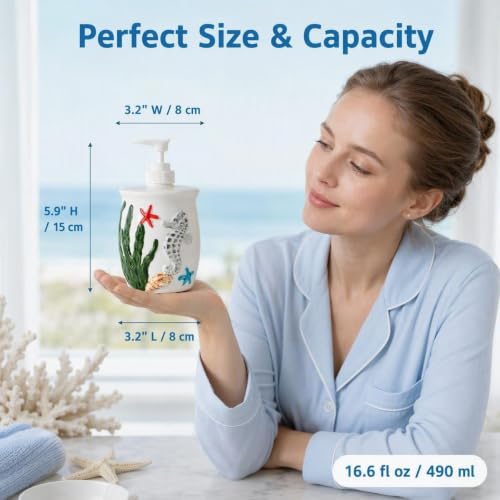 Ocean Ceramic Soap Dispenser - 3D Embossed Seahorse & Starfish