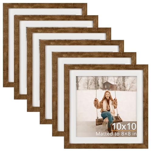 Rustic Brown 10x10 Picture Frame Set with 8x8 Mat - 6 Pack, Square Wall Decor