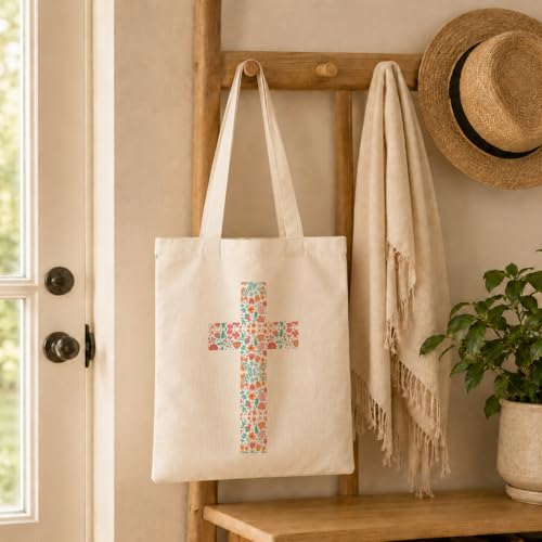 Christian Tote Bag Style 35 - Floral Cross Canvas Reusable Bag