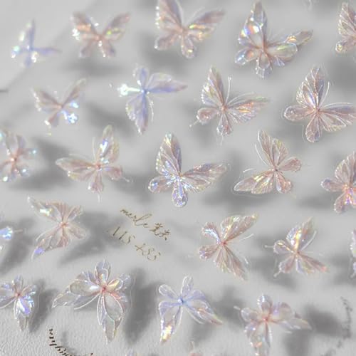 5D Embossed Aurora Butterfly Nail Art Stickers Pink Shell Decals