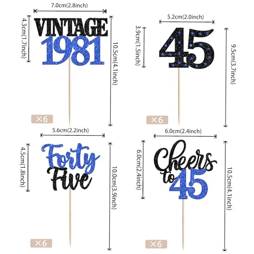 45th Birthday Cupcake Toppers Vintage 1981 Blue Party Picks 24 Pcs