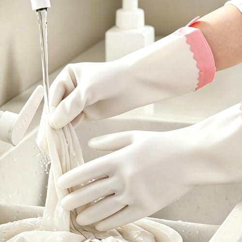 KINGFINGER Reusable PVC Dishwashing Gloves - 3 Pairs with Bunny Ear Cuffs